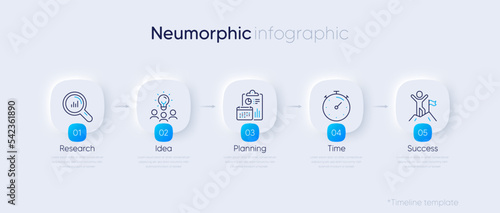 Business timeline chart template. Neumorphic infographic 5 square steps. Presentation process diagram. Project features timeline. Research, idea and planning time icon. Vector