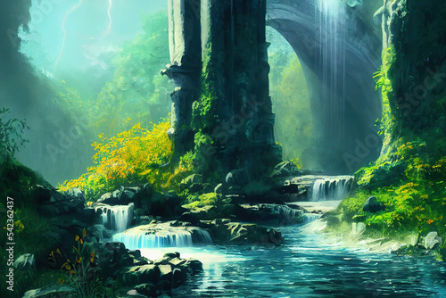 Beautiful Waterfall in Fariytale, Illustration of Natural Lush Vegetation. Masterpiece Art Background. photo