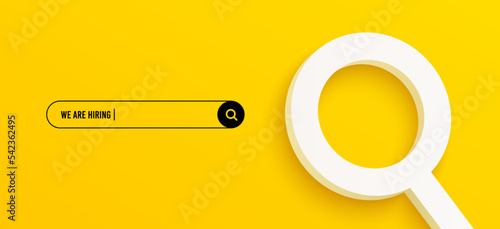 We are hiring yellow background. Hire job vacancy concept. 3d magnifying search glass icon. Find information template banner. Search hire information icon. Vector