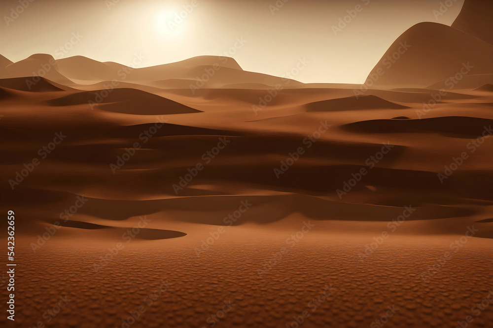 Desert dune sand landscape with nature sky. Beautiful horizon sun view background 3D