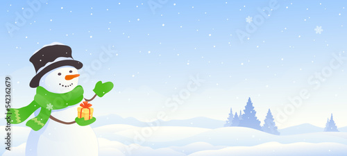 Vector illustration of a snow scene with a greeting snowman, snowscape panorama background
