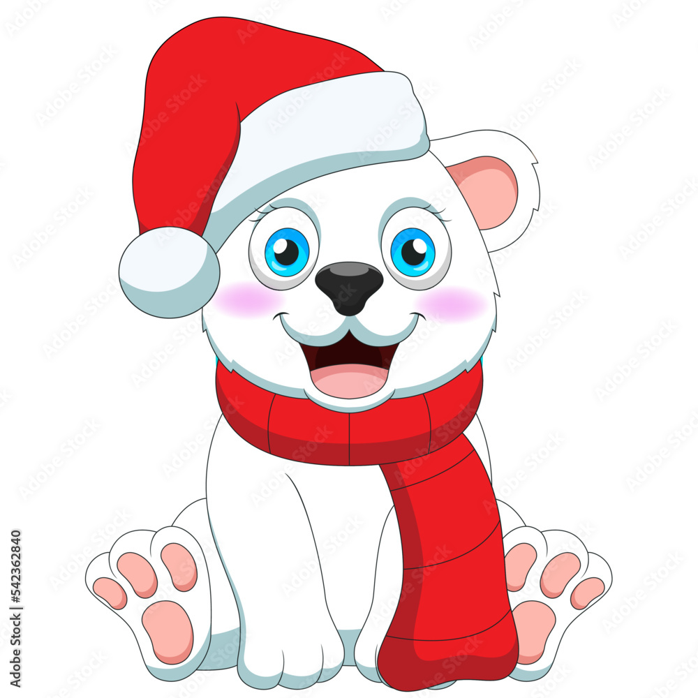Cartoon cute polar bear in santa hat sitting. Vector illustration Cartoon cute polar bear in santa hat sitting. Vector illustration