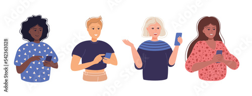 Happy women use smartphone flat. 4 young smiling women of different nationalities using mobile phones, internet, social network. Chatting and texting on smartphones. Characters addicted to smartphones