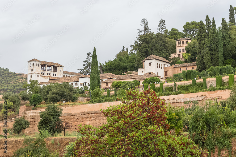 View at the Generalife Gardens and buildings full interior complex, Garden Water Channel, or Patio de la Acequia, on Alhambra citadel, Granada, Spain