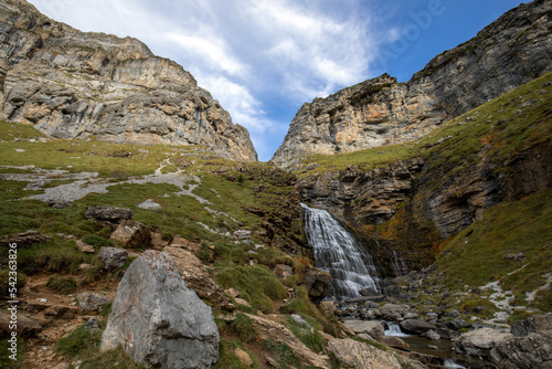 Beautiful waterfall called Cola de Caballo on the Arazas river in the Ordesa y Monte Perdido National Park in the Pyrenees, Huesca, Spain