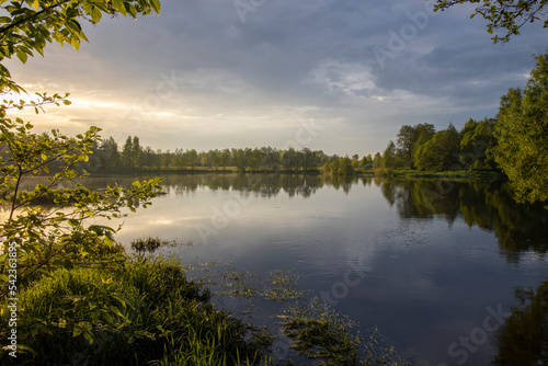 Dawn on the river. the sun's rays illuminate the trees and the pond in the early morning. © Sergei