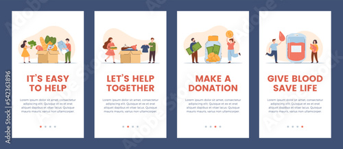 Charity and donation banners set for mobile onboarding screens, flat vector.