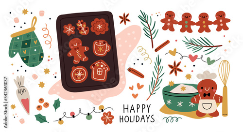 Christmas gingerbread cookie set in flat style. Holiday cookies swap. Xmas festive gingerbread. Traditional seasonal composition with homemade pastry master class 