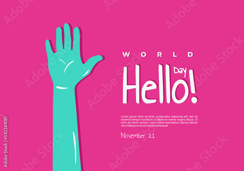 World hello day background with hand five on purple background.