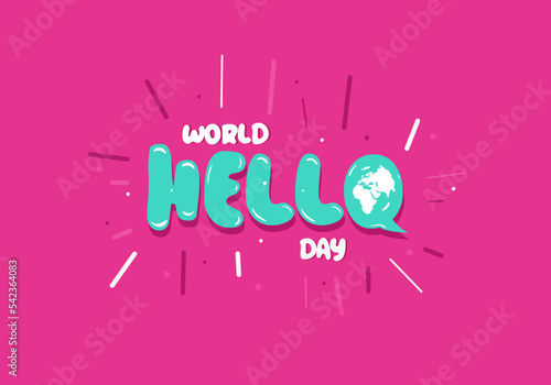 World hello day background with big hello word on purple color. photo