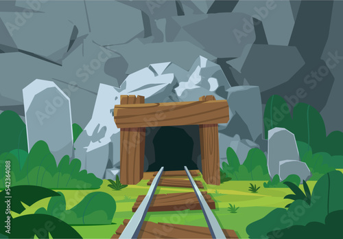 Entrance to a coal mine with a track for trolleys, flat vector illustration.