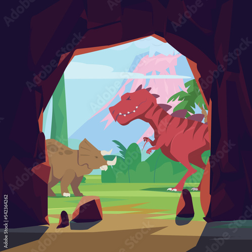 Dinosaurs in prehistoric scene with cave, flat cartoon vector illustration.