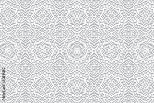Embossed floral white background, ethnic cover design. Press paper, boho style, art deco. Tribal geometric 3d pattern, artistic texture of East, Asia, India, Mexico, Aztecs, Peru.