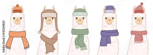 Collection of cute alpacas in a winter hats and scarfs. Alpaca portraits isolated on white background. Vector illustration