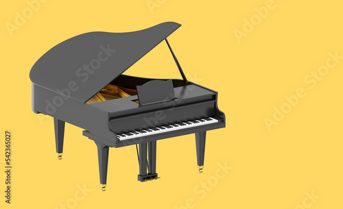 Realistic black grand piano, a musical instrument. 3d rendering. Icon on yellow background, space for text.