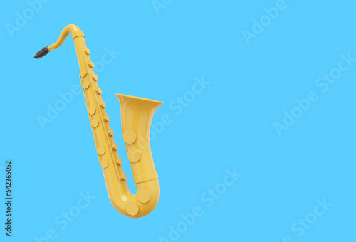 Yellow saxophone  musical instrument  from side. 3d rendering. Icon on blue background  space for text.