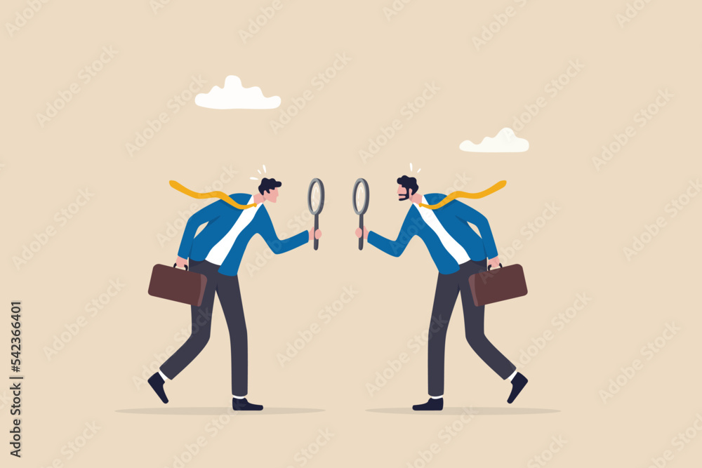 Suspicious or distrust partner, doubtful or pretending, analyzing fake or fraud, concerned or question of business transparency concept, suspicious businessman analyze each other with magnifying glass Suspicious or distrust partner, doubtful or pretending, analyzing fake or fraud, concerned or question of business transparency concept, suspicious businessman analyze each other with magnifying glass
