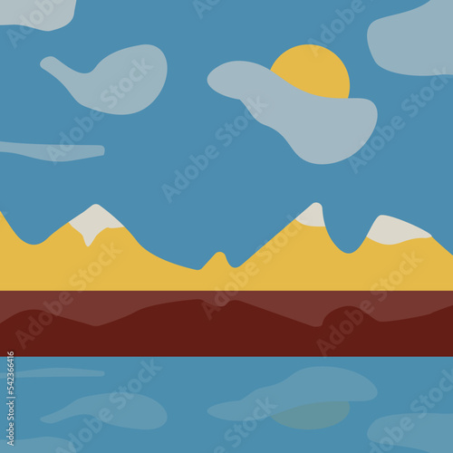 Mountain lake and snowy peaks. Vector abstract in minimalist style.