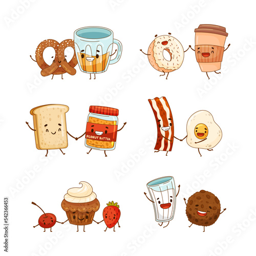 Best friends best food characters set. Pretzel beer, donut coffee, sandwich peanut butter, egg ham holding hands vector illustration