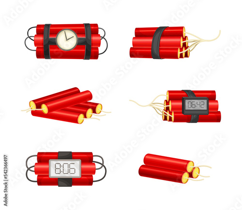 Red bundles dynamite sticks with timing device and burning bickford fuse vector illustration