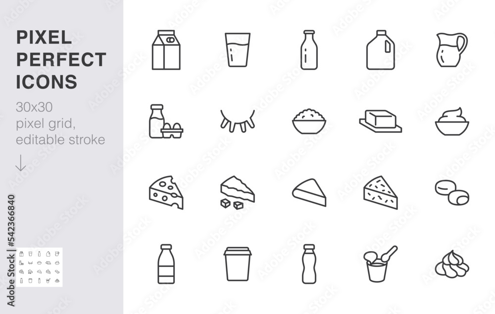 Dairy products line icon set. Jug, kefir, eggs, cow udder, cottage cheese, bottle, yogurt, cheddar minimal vector illustration. Simple outline sign for milk food. 30x30 Pixel Perfect, Editable Stroke Dairy products line icon set. Jug, kefir, eggs, cow udder, cottage cheese, bottle, yogurt, cheddar minimal vector illustration. Simple outline sign for milk food. 30x30 Pixel Perfect, Editable Stroke