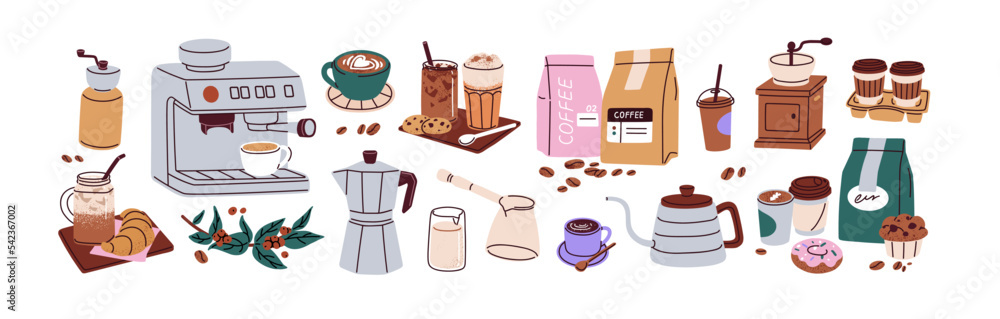 Coffee elements set. Machine, brewing tools, accessories, paper cups, glasses, beans, bags and bakery. Coffeehouse stuff, grinder, cezve, kettle. Flat vector illustrations isolated on white background - obrazy, fototapety, plakaty 
