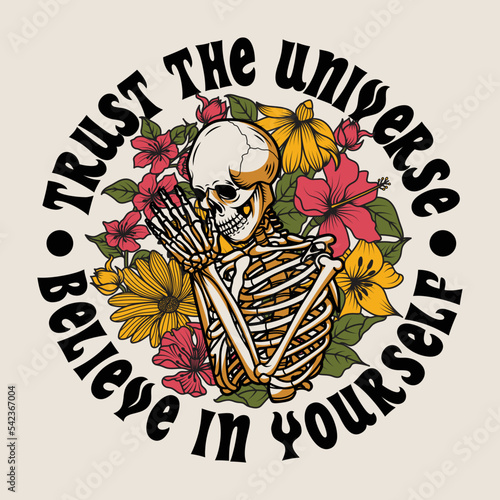 Praying Skeleton Surrounded by Flowers Illustration with Slogans Vector Artwork on White Background