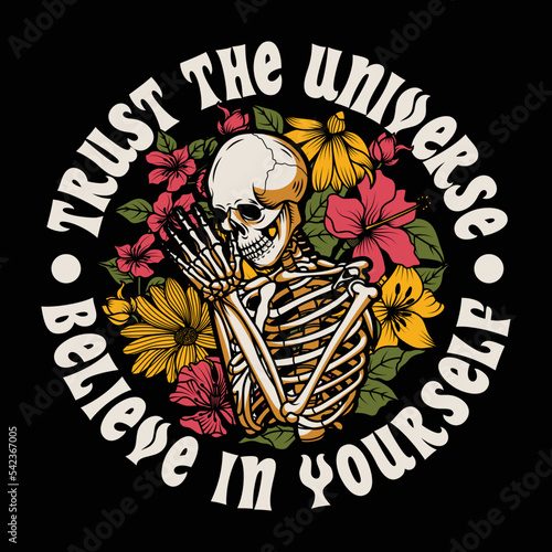 Praying Skeleton Surrounded by Flowers Illustration with Slogans Vector Artwork on Black Background
