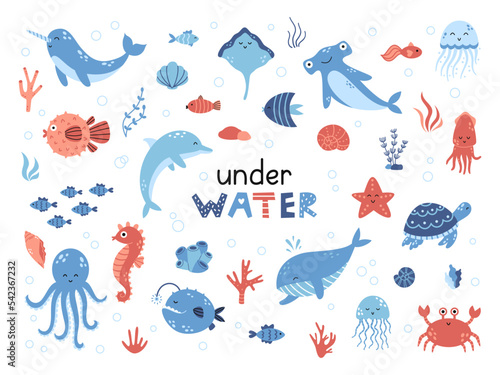Vector cute set with sea animals. Marine collection with whale, dolphin, octopus, narwhal, jellyfishes and other fish. Shells and algae. Inhabitants of the sea world in flat design.