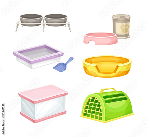 Set of pet animals supplies. Food and accessories for cats and dogs care vector illustration