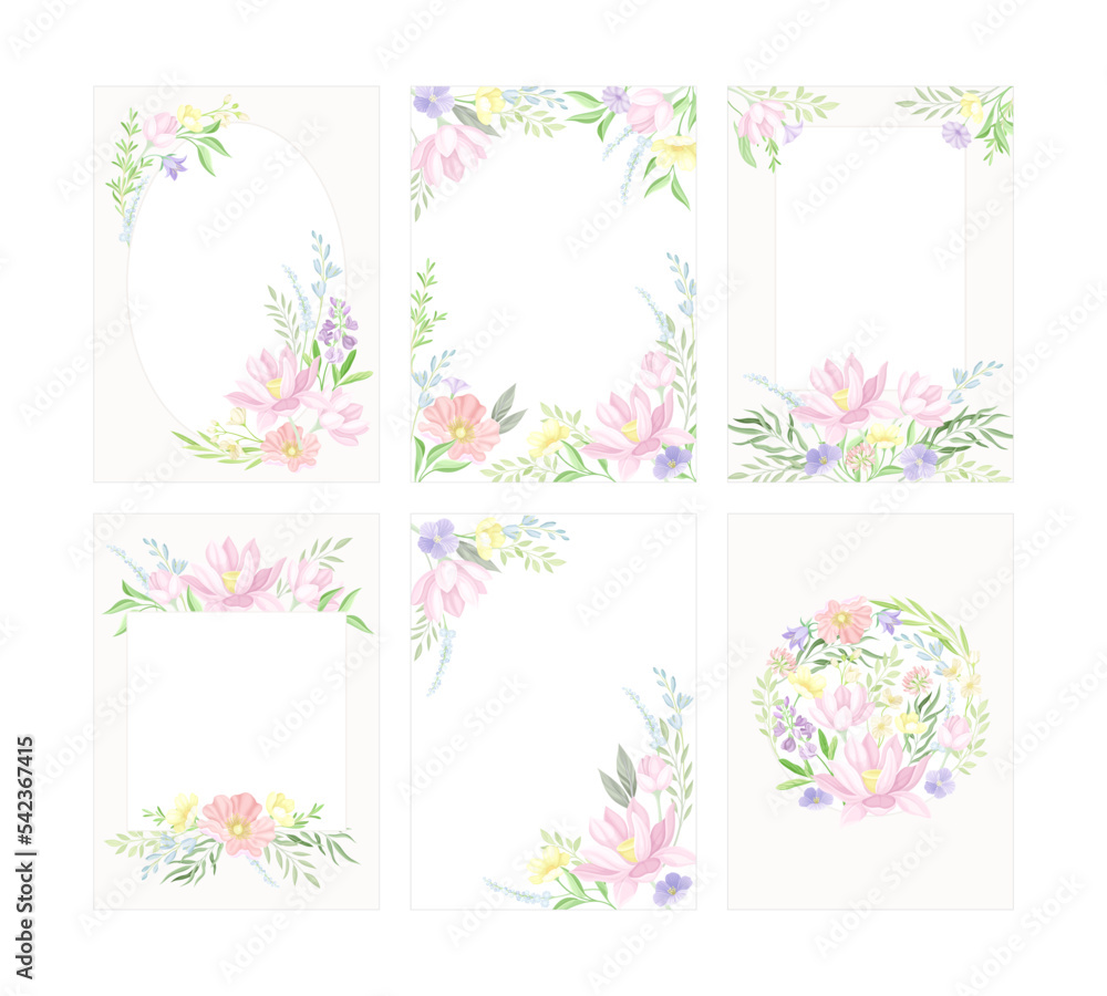 Floral frames set. Greeting card or invitation with wild flowers and leaves with space for text in pastel colors vector illustration