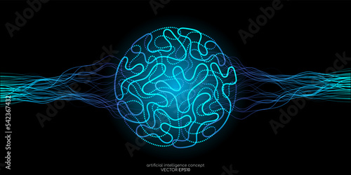 Vector illustration left right human brain blue light and neural network wavy line isolated on black background in concept of A.I. artificial intelligence technology, machine learning, neuroscience