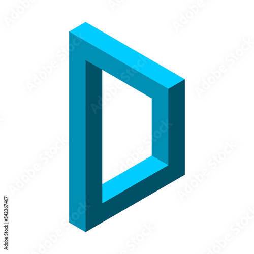 Blue impossible D letter. 3D rectangle shape. Corporate logo template. Capital letter D. Isometric Esher penrose geometric figure. Optical illusion, visual trick, op art. Vector illustration, clip art