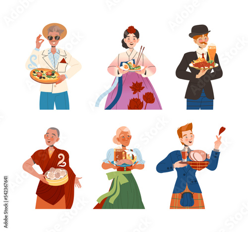 Men and women dressed in national clothes with traditional dishes set vector illustration