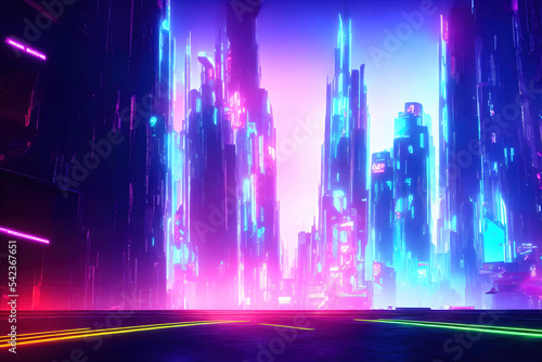 Cyberpunk future sci-fi city with neon lights. Futuristic night building with urban purple traffic background 3D