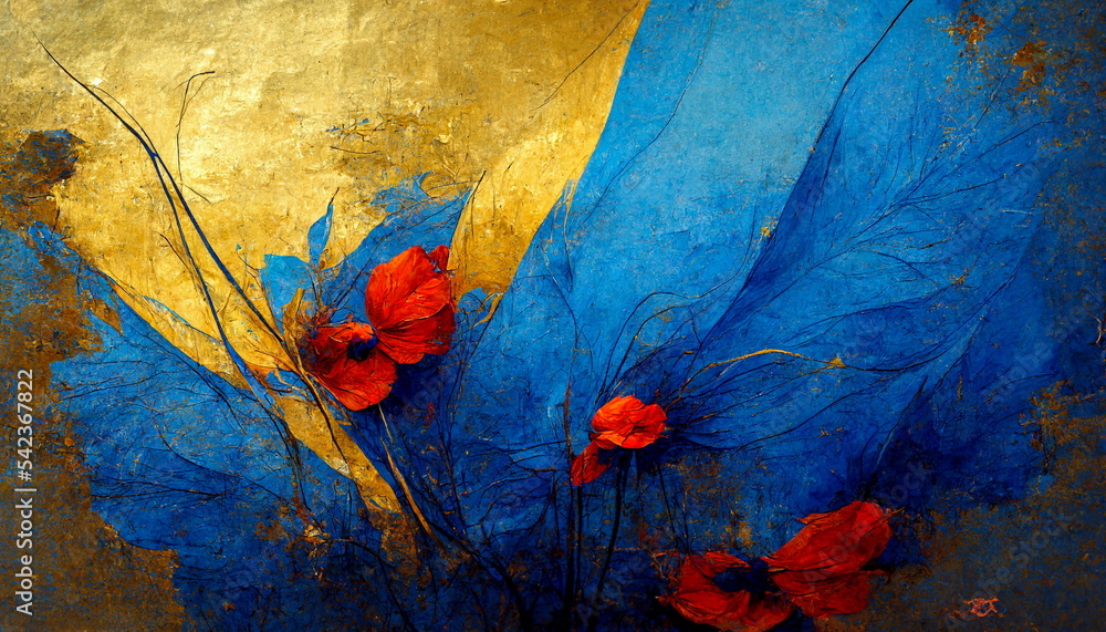 Golden floral art on dark blue background, luxury gold wallpaper design