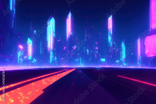 Cyberpunk future sci-fi city with neon lights. Futuristic night building with urban purple traffic background 3D