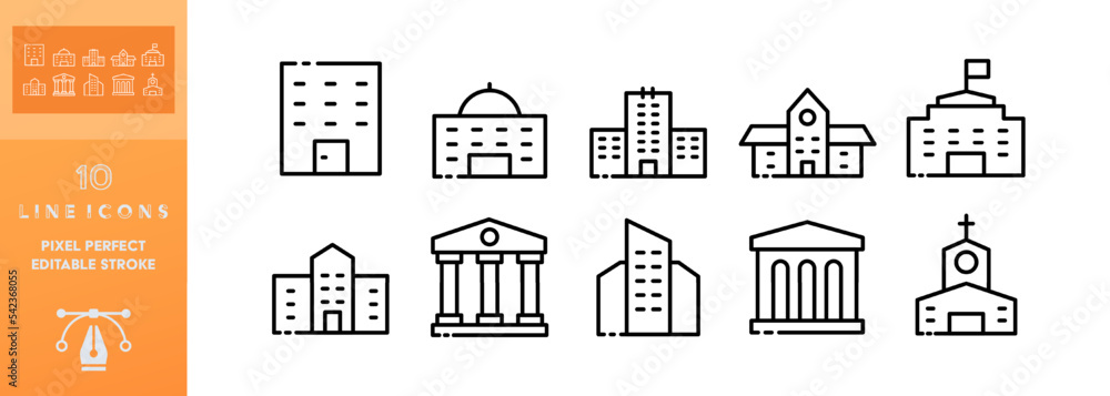 Building se icon. Architecture, skyscraper, apartments, church, museum, theater, administration. Engineering concept. Glassmorphism style. Vector editable set icon on a white background