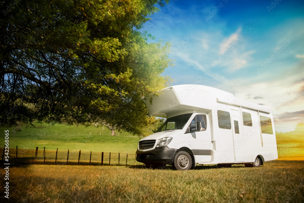 motorhome, caravan or campervan on natural background, vanlife concept, road trip idea. High quality photo - obrazy, fototapety, plakaty 