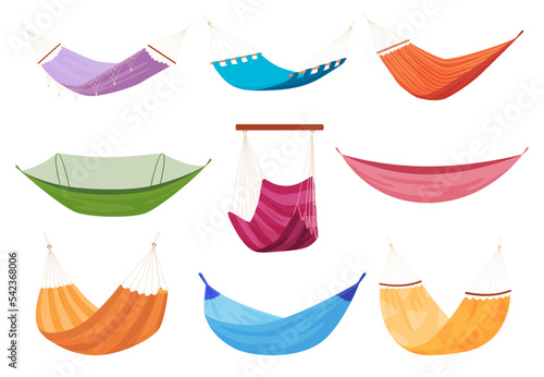 Hammocks for rest and relaxation in the fresh air. A comfortable hammock for people to lie in nature. Vector illustration