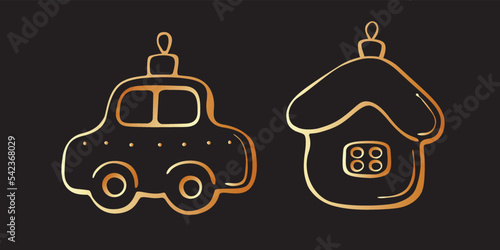 Set of vector outline golden xmas tree toys, decorations in form of car and house, doodle style. Clipart for Merry Christmas and Happy New Year