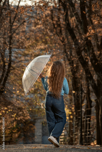 Young woman with long hair in blue sweater and pants walking with transparent umbrella in autumn park. Back view