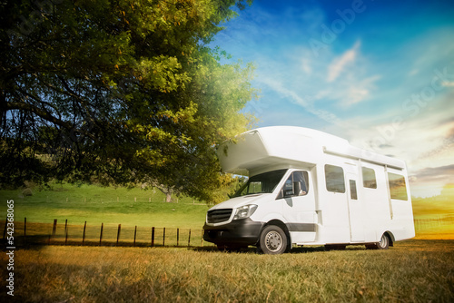 Tablou canvas motorhome, caravan or campervan on natural background, vanlife concept, road trip idea
