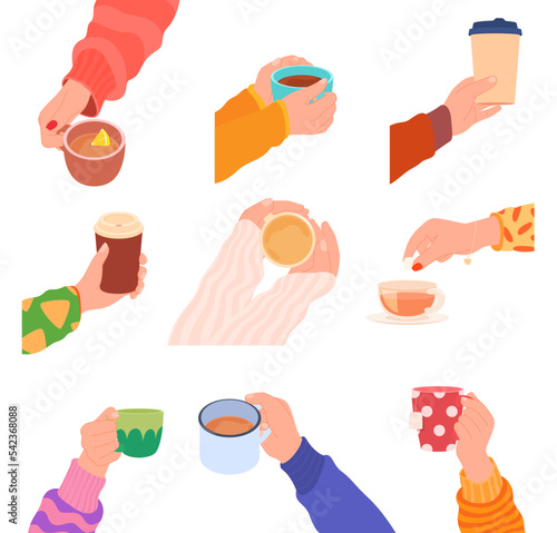 Hands hold cups with hot tea and coffee. Warming delicious drinks in men and women hands. Vector illustration