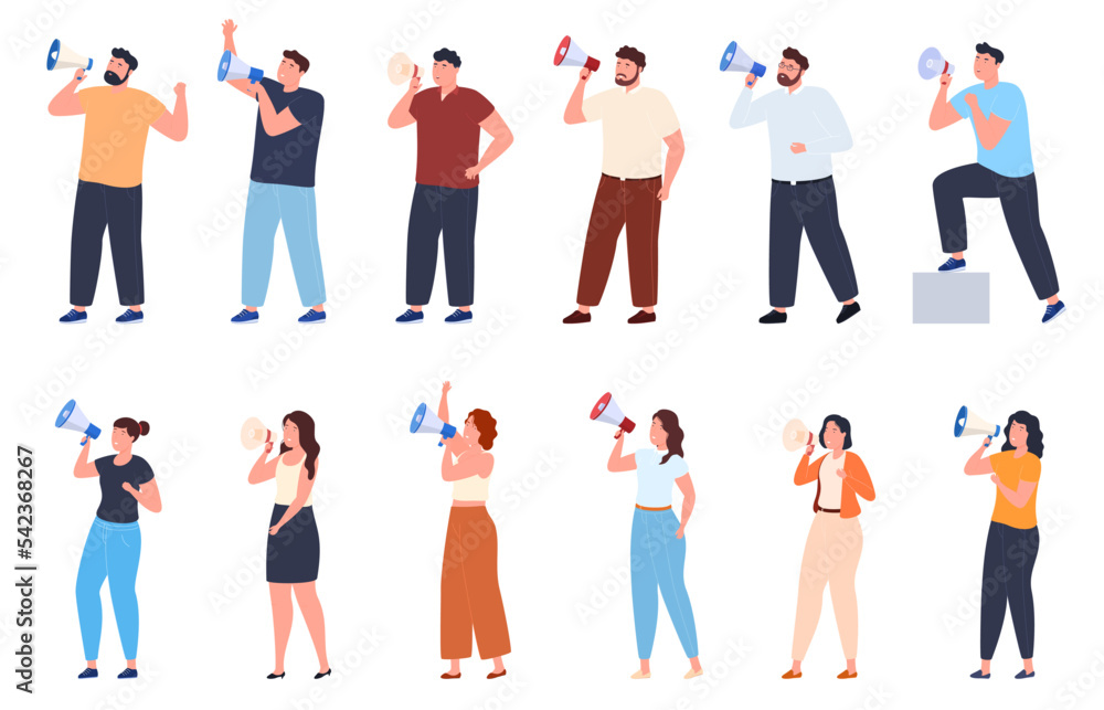 Obraz premium People with loudspeakers. Public relations, public marketing. PR agencies of promotion and popularization. Vector illustration