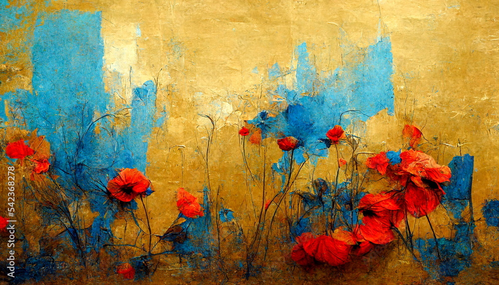 Golden floral art on dark blue background, luxury gold wallpaper design