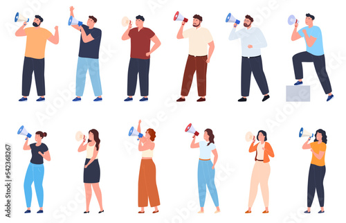 People with loudspeakers. Public relations, public marketing. PR agencies of promotion and popularization. Vector illustration