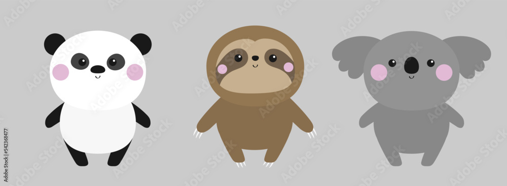 Koala sloth panda bear set icon. Cute kawaii cartoon baby character. Pink cheek. Happy Valentines Day. Greeting card template. Notebook cover, tshirt print. Gray background. Flat design.