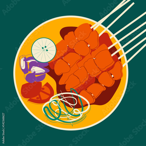 An Illustration of Indonesia Local Delicacies - Sate Madura. Chicken Satay with Peanut Sauce, shallots, tomato slices. Vector Illustration