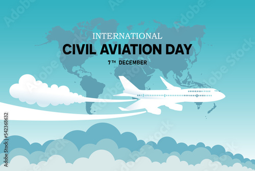 International civil aviation day with world map on blue background.